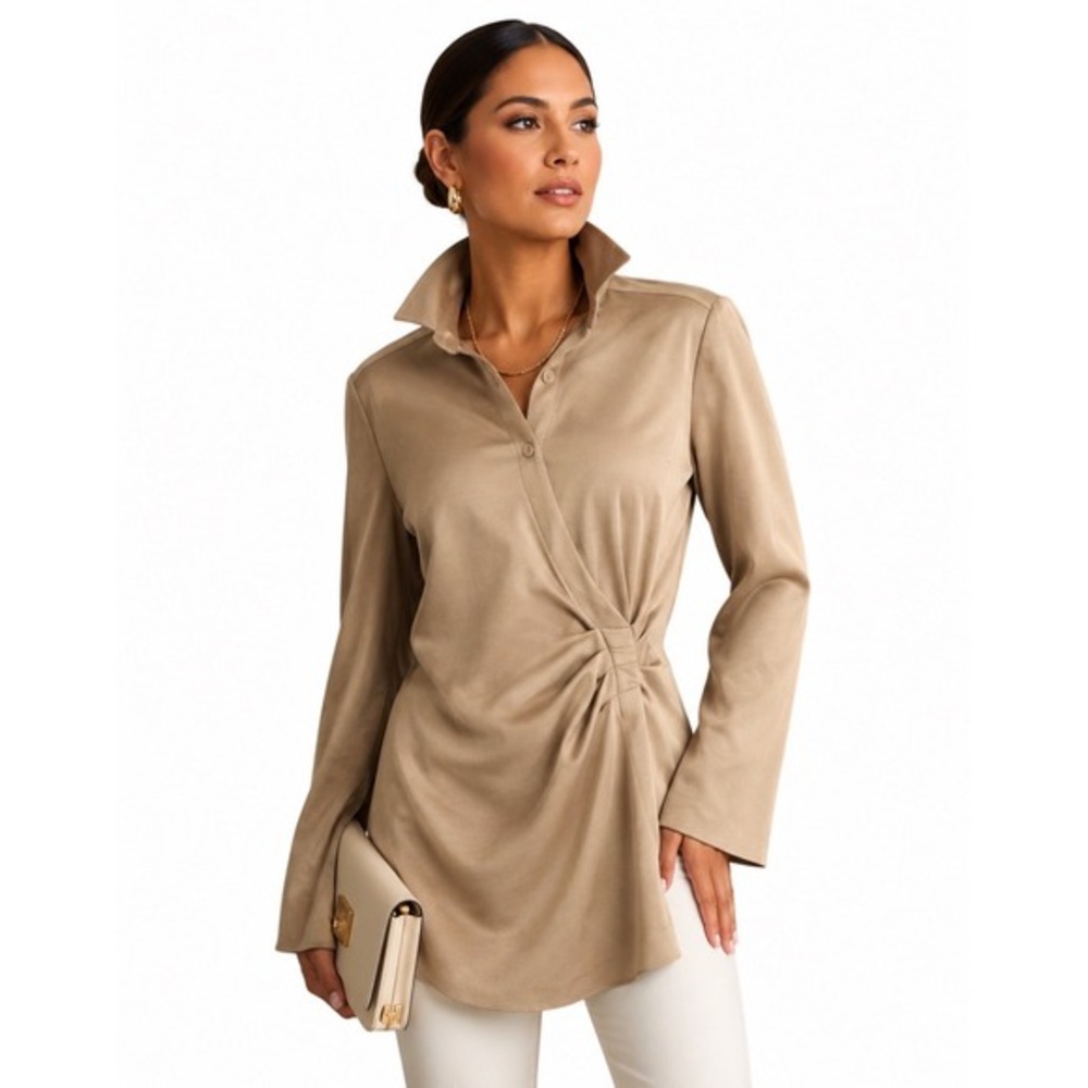 Zara Womens XL Tan Beige Draped Ruched Waist Long Sleeve Button Front Blouse Top